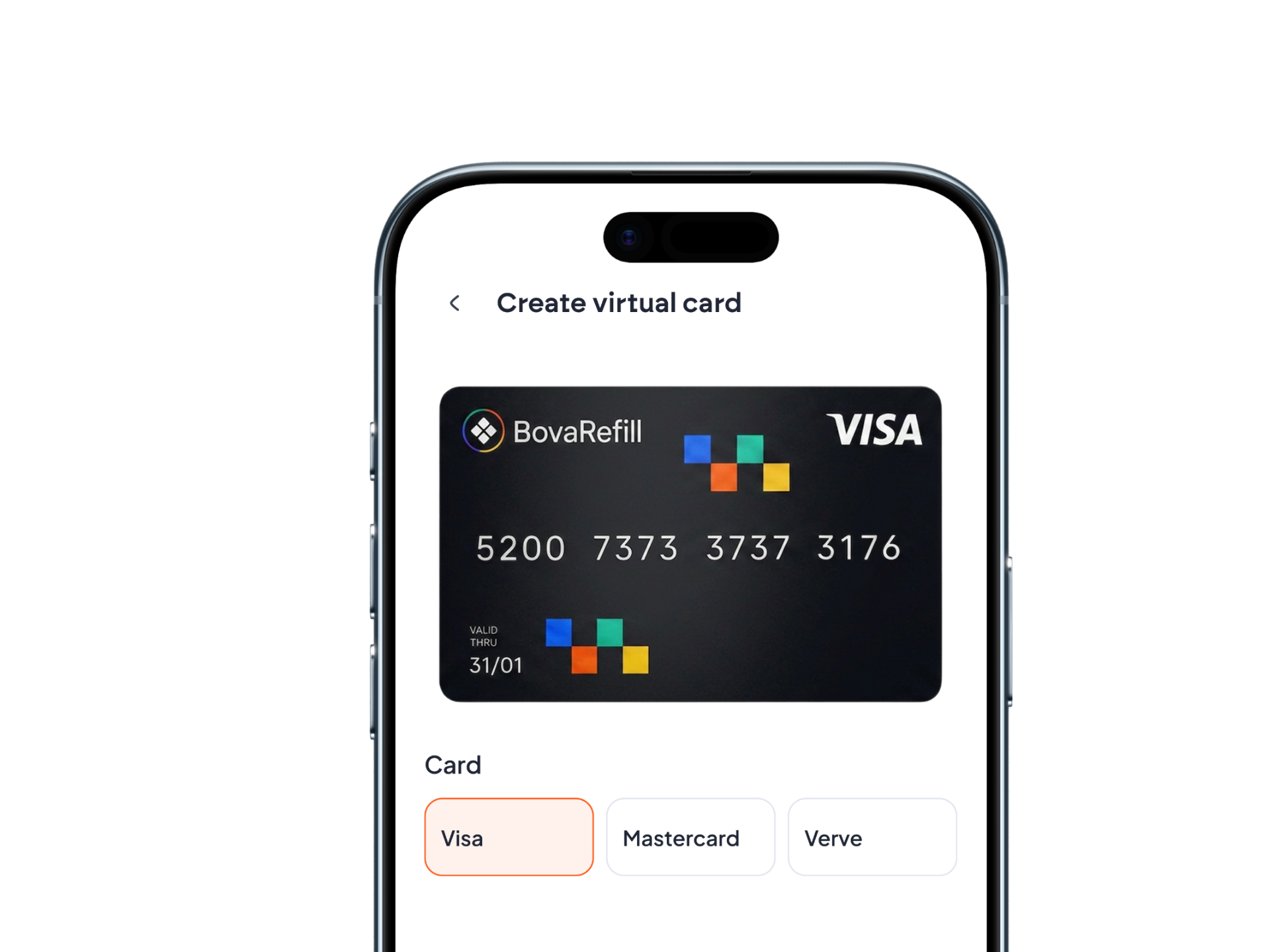 BovaRefill virtual card creation on mobile